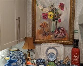 Nice collection of blue & white Asian porcelain, vintage onyx table lamp, huge terra cotta "Grand Lyon Bordeaux Ketchup" bottle and nicely framed original floral still life oil on canvas, by Ukrainian artist, Murat Kaboulov. 