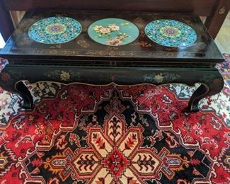 GORGEOUS, hand-painted black lacquer Asian coffee table, with triple cloisonne insert top.