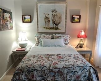 Queen size bed with pair of French grey end tables, large framed original artwork of Mother/Daughter sheep.