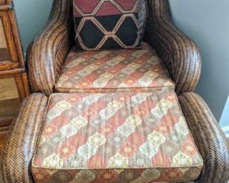 Very comfy rattan armchair and matching ottoman. 