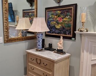One of a pair each of gilt wood wall mirrors, 3-drawer chests and blue/white Porcelain Asian table lamps, original oil on canvas, by Ukrainian Artist, Roman Nogin. 