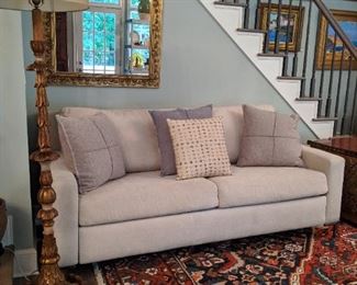 Wonderful vintage Italian Florentine floor lamp, HEAVY Belgian linen sleeper sofa, with steel bed frame, by American Leather furn. Co. (Dallas, TX), the other of the pair of large, gilt wood wall mirrors, all atop the gargantuan Persian Heriz.