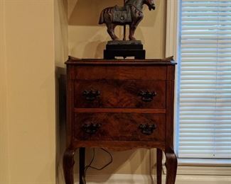 Vintage 2-drawer French-y sewing table, with Tang horse table lamp.
