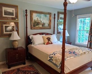 Vintage Baker queen size mahogany poster bed, with carved lion's feet, set/4 beautifully framed/matted hand-colored lithographs, original, artist signed oil on canvas above bed, pair of Drexel Heritage Asian inspired chests, vintage American handmade cotton quilt.