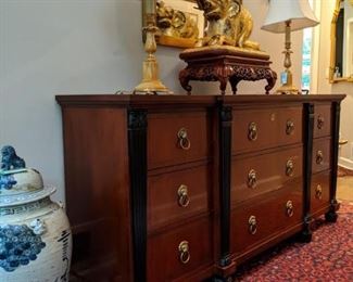 Vintage Baker Empire style nine-drawer mahogany chest,  pair of yellow marble/gold gilt table lamps and a hand-carved mid-19th century gilded wood palace guardian royal elephant, Mandalay style, Burmese.