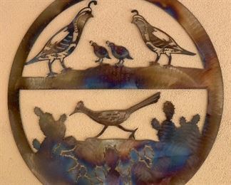 Quails & Roadrunner Silhouette Metal art wall hanging 30in Dia AH133
