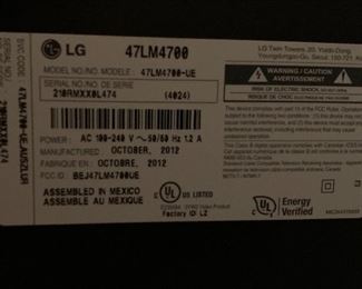 LG 47in 3D Cinema LED 1080p HDTV TV 47LM4700	29x43x10.5in (at base)	HxWxD	AH149