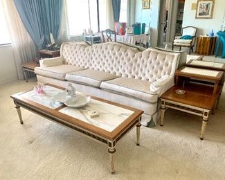 very clean couch, coffee table and end tables