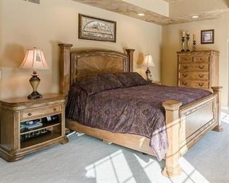 Queen Bedroom set includes bed (no mattress), 2 night stands, highboy and dresser w/ mirror