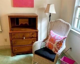 Lena Scott Original Art...Antique wicker rocker...Dana Gibson trashcan and pillow