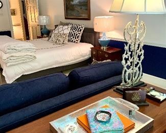 Desk with chair, Restoration Hardware lamp, Hermes, Lilly Pulitzer