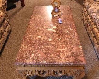 Rose Marble Coffee Table with Ornate Wood Carvings. Fantastic Table... Matching End Table too!