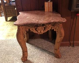 Rose Marble Side Table with Ornate Wood Carvings