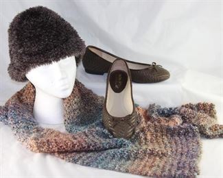 Cejon Brown Knit Stocking Cap, Knit Scarf and Coach and Four Braided Leather Ballerina Flats