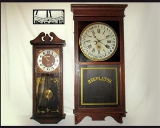 Alaron 31 Day Clock and  Large Antique Sessions Clock Company Wooden Case Regulator Hanging Wall Clock and Calendar c.1890s