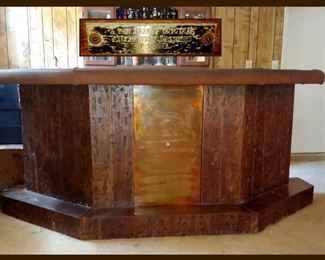 Custom Vintage Copper and Wood Bar with Plaque that reads; Bar Bazaar Original Exclusively Designed by Isabel. The Bar's Footrest is Copper, the front plate is Copper and the Top is Copper, Very Cool!! Lots of Storage Available Too!