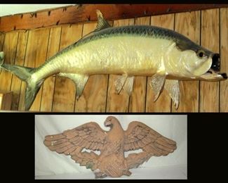 Large Taxidermy Fish and Cement Hanging Eagle