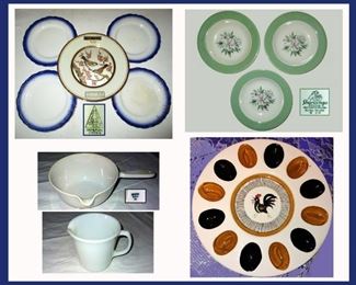 Flow Blue Plates SVOC Imperial China, Chokin Plate, Shenango Plates, Coors Scientific Casserole, Pyrex Creamer and Rooster Deviled Egg Platter
