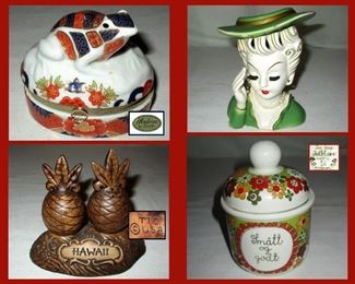 Andrea Frog Box. Lady Head Vase, Hawaiian Souvenir Salt and Pepper Shakers and Small Pot from Norway