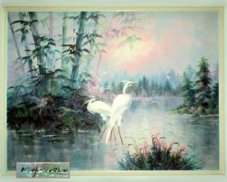 Huge and Beautiful Signed Heron Oil Painting on Canvas