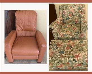 Lovely Leather Chair and Tropical Themed Chair and Matching Ottoman