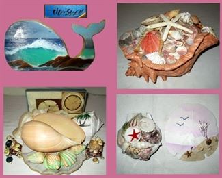 Signed Hand Painted Whale Plaque and Lots of Decorative Shells and Shell Items