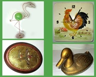 Metal Flamingo, Ceramic Rooster Clock, One of a Pair of Pheasant Plaques and Brass Duck