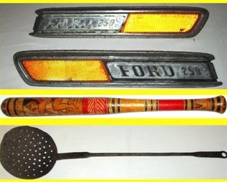 Ford Lights, Carved and Painted Souvenir Bat from Mexico and Long Antique Cast Iron Spoon
