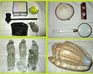 Sm Leaded Glass Box, Wooden Thistle Pipe, Small Paperweight, Chunk of Obsidian, Shell Box, Inlaid Lighter Holder, Crystal Handled Magnifying Glass, Avon Small Glass Nativity Set and Shell Box