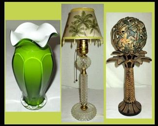 Cased Glass Vase, Small Lamp with Palm Tree Shade and Decorative Palm Tree