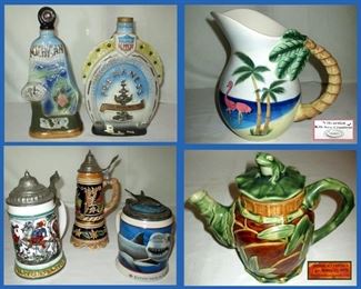 Decanters, Flamingo Pitcher, Steins and Frog Teapot