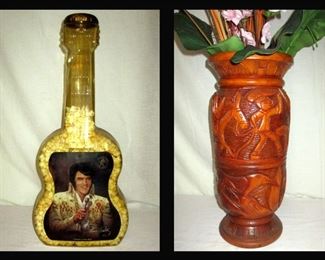 Tall Plastic Elvis Guitar and Tall Carved Hawaiian Vase