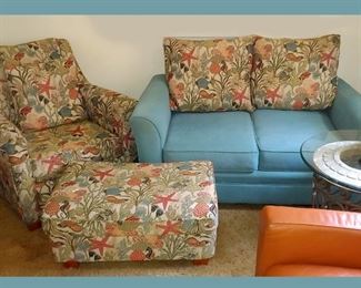 Tropically Themed Chair, Ottoman and Love Seat