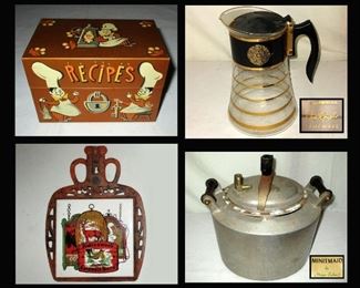 Vintage Recipe Box, David Douglas Mid Century Modern Coffee Carafe, Trivet with Pub Signs and Vintage Minitmaid Pot by Magic Cooker