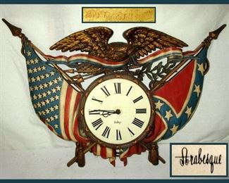 Vintage 1970 Burwood Patriotic Wall Clock, Arabesque Clock With American Eagle Old Glory And Colonial Flag