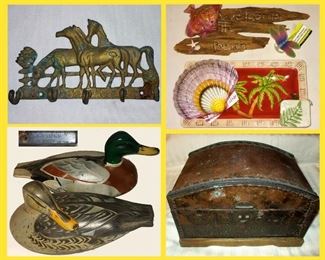 Brass Horses Key Holder, Beachy Items, Duck Decoys and Old Box