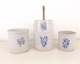 Vintage Western Pottery Butter Churn and 2 Western Crocks