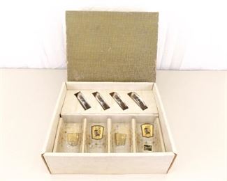 NEW Mid Century Galaxy 22k Gold Guilded Highball 4 Glass and Coaster Set