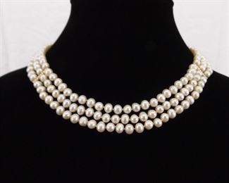14k Yellow Gold Clasp and Accents 3 Strand Genuine Pearl Necklace