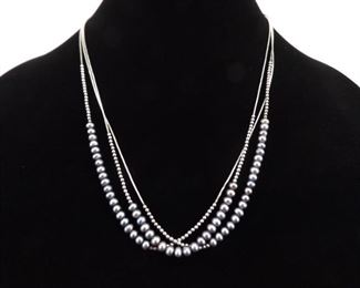 .925 Sterling Silver Genuine Black Pearl 3 Strand Necklace