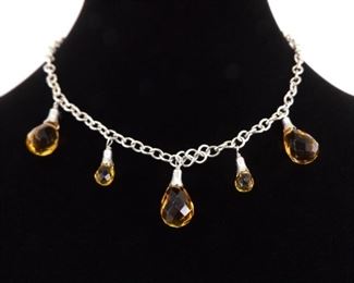 .925 Sterling Silver Faceted Citrine Crystal Dangle Formal Necklace
