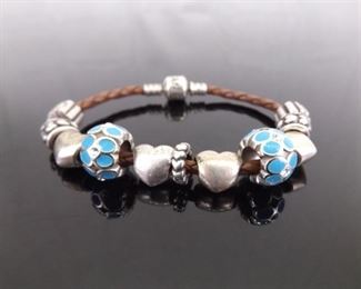 .925 Sterling Silver PANDORA Brown Leather Heart Charm Bracelet