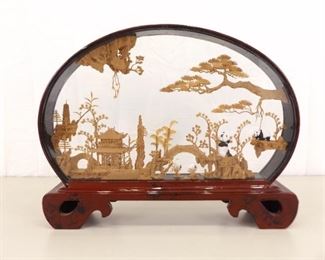 Larger Asian Balsa Wood Carved Panda Village
