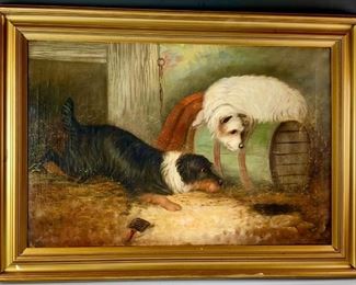 F. Wylde "Terriers Ratting in Barn" Painting      