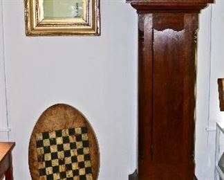 Antique case clock, mirror, and game table