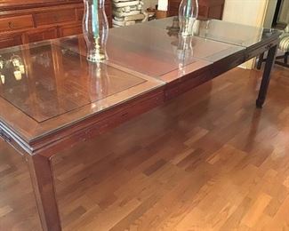 6.  NOW $750 Rosewood Dining Room table from Okinawa with 2 leaves and glass protectors,  8 rosewood chairs (need work) and 2 upholstered chairs.  10'L w/leaves  (7' w/o leaves) 42"W      Was $995