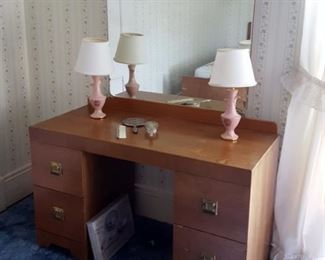 Mid-century double bed, night stand dresser and dressing table (vanity) w/mirror