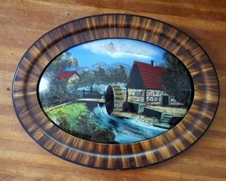 "The Village Mill" reverse glass painting framed
