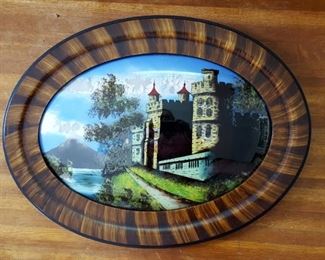 Castle reverse glass painting framed