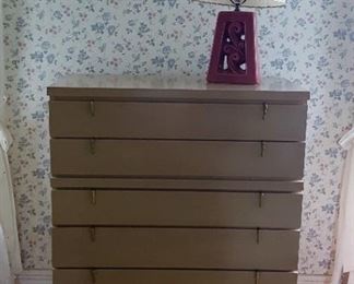 Johnson Carper Fashion Trend 1950's Mid century modern blonde bedroom set includes double bed headboard, tall dresser and dresser w/ mirror